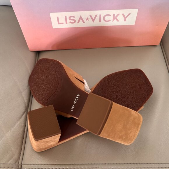 Lisa Vicky Vital - V  Tan Kid Suede Block Heel Slide Sandal Heels New in Box - Picture 6 of 9
